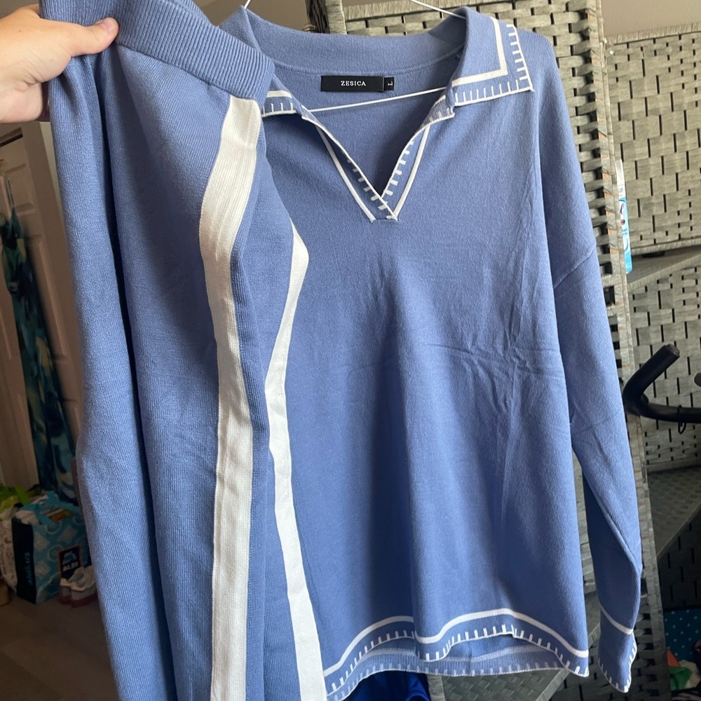 ZESICA Blue and White Sweater Pant Set